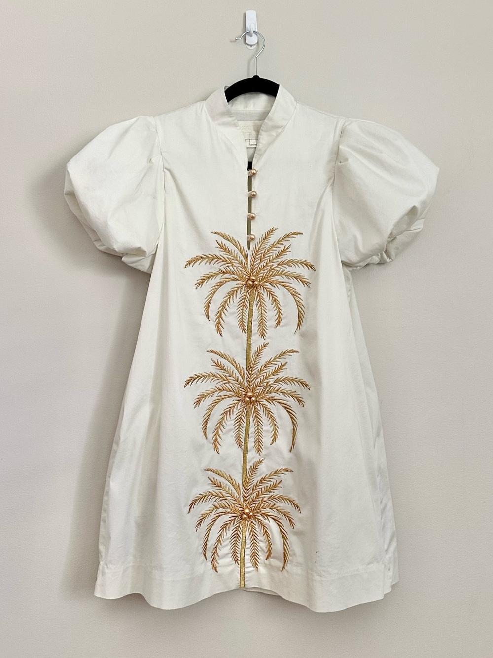 Mestiza Elliana Dress Small Palm Tree Embroidery Short Puff Sleeve Ivory Gold - Picture 2 of 8